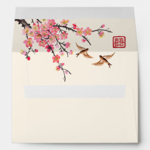 Enveloppe Rose chinoise fleurs oiseaux beige mariage