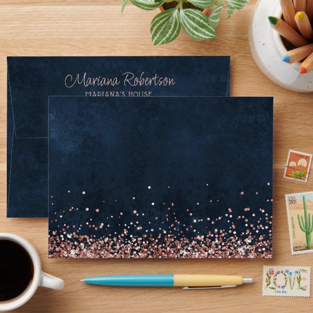 Enveloppe Rose Gold Navy Blue Anniversaire (Desk)