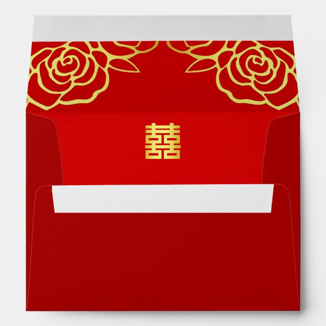 Enveloppe Rose mariage chinois découpé en carton rouge et or (Dos (Bas))