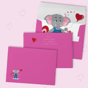Enveloppe rose mignonne Eléphant et Coeurs