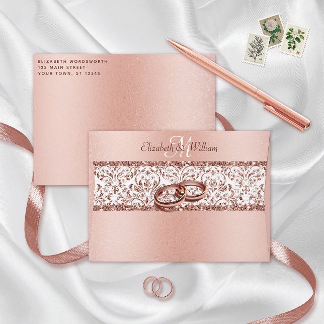 Enveloppe Rose or métal Monogramme Damask Parties scintillan (Créateur téléchargé)