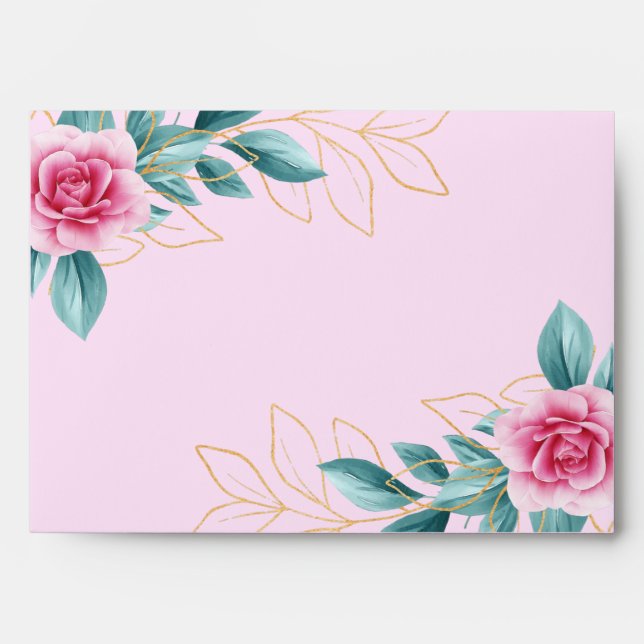 Enveloppe Rose rose moderne et feuillage vert et or (Devant)