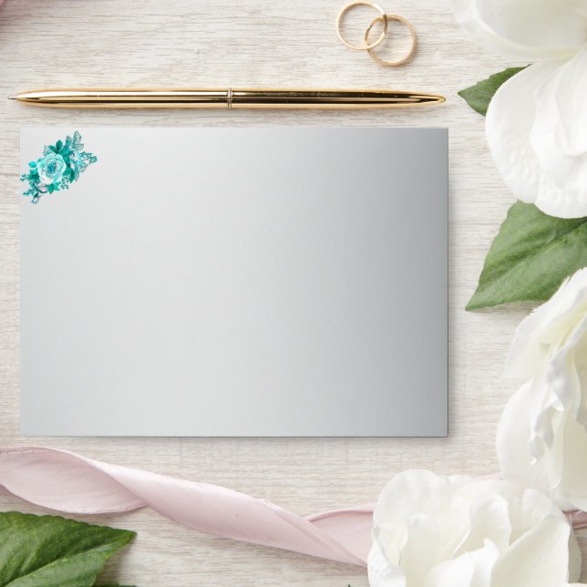 Enveloppe Roses Aqua et Mariage Argent (Wedding)