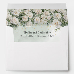 Enveloppe Roses blanches bohème et végétation d'eucalyptus