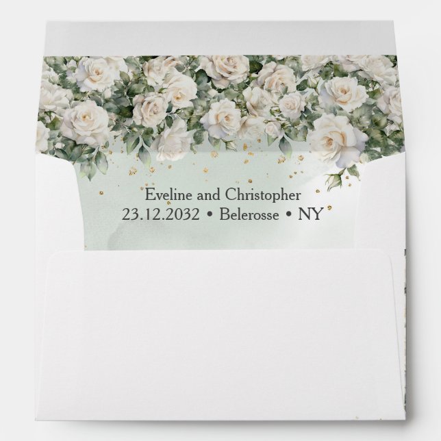 Enveloppe Roses blanches bohème et végétation d'eucalyptus (Dos (Bas))