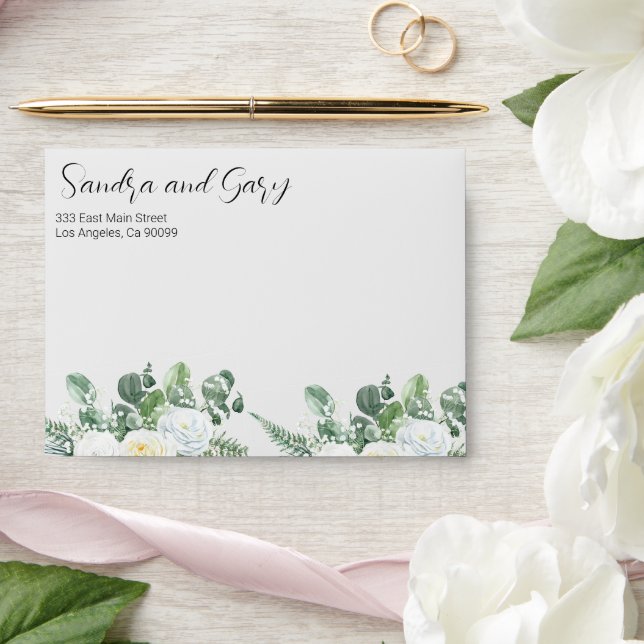 Enveloppe Roses blanches élégantes et verdure (Wedding)