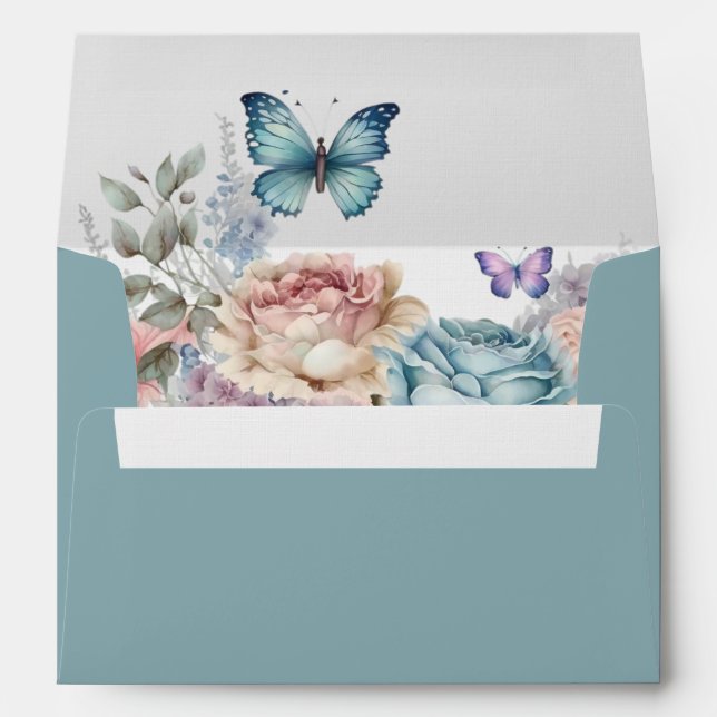 Enveloppe Roses bleues et roses et papillons bleus (Dos (Bas))