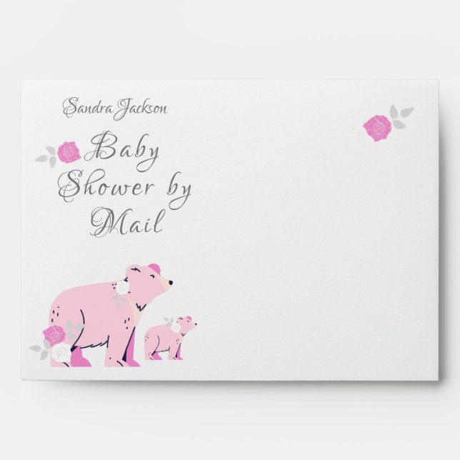 Enveloppe Roses rose baby shower Ours et épicerie rose maman (Devant)