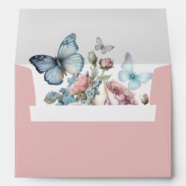 Enveloppe Roses roses et papillons bleus (Dos (Bas))