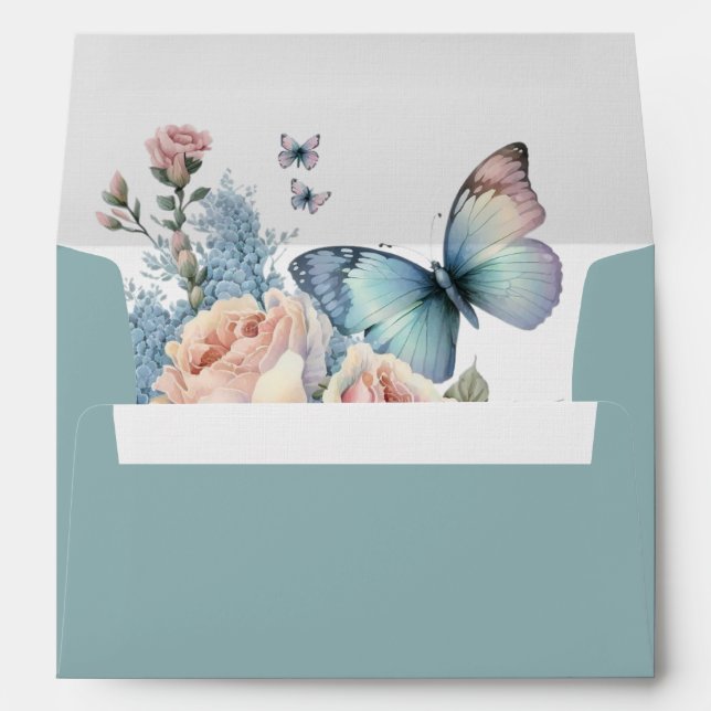Enveloppe Roses roses et papillons bleus (Dos (Bas))