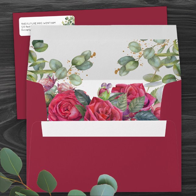 Enveloppe Roses rouges et Mariage d'eucalyptus (Romantic floral red wedding envelopes  from my Red Rose and Eucalyptus Wedding Collection)