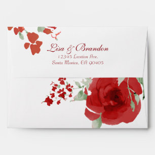 Enveloppe Roses rouges rayonnants d'aquarelle, épousant