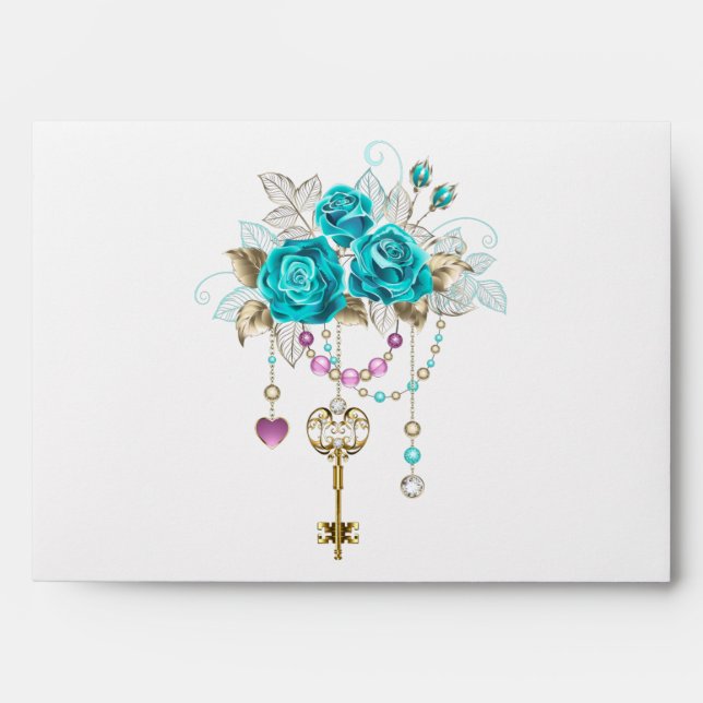 Enveloppe Roses turquoise avec touches (Devant)