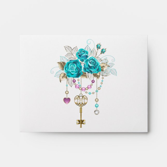 Enveloppe Roses turquoise avec touches (Devant)