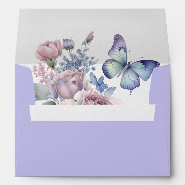 Enveloppe Roses violettes et roses et papillons bleus (Dos (Bas))