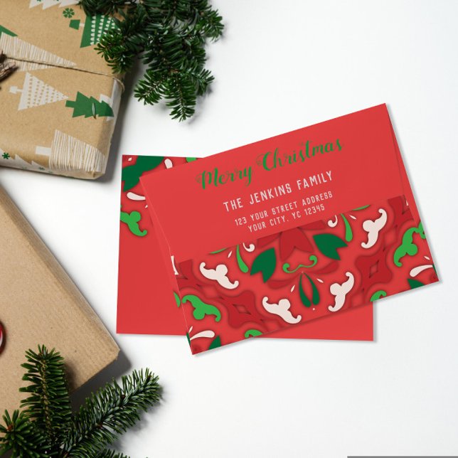 Enveloppe Rouge Blanc Vert Vacances Noël Folk Art Frontière (Créateur téléchargé)