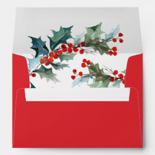 Enveloppe Rouge de Fête avec Houx à l'Aquarelle et Baies