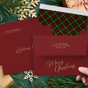 Enveloppe Rouge foncé vert tartan plaid Joyeux Noël