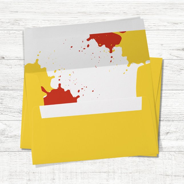 Enveloppe Rouge Jaune Mustard Ketchup Adresse de retour pers (Red and yellow splatter ketchup and mustard envelope.)