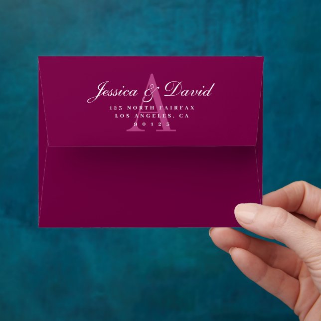 Enveloppe Rouge Magenta Élégant, Noms & Monogramme Rose & Bl (Hand)