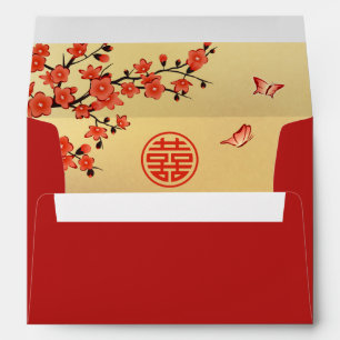 Enveloppe rouge Mariage or cerise en fleurs chinoi
