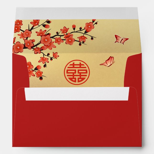 Enveloppe rouge Mariage or cerise en fleurs chinoi (Dos (Bas))