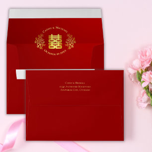 Enveloppe Rouge or double bonheur mariage chinois floral