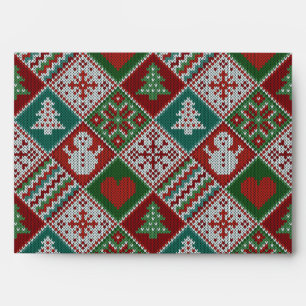 Enveloppe Rouge Vert blanc Faux Knit Motif de Noël
