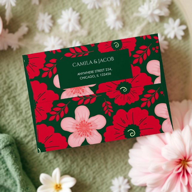 Enveloppe Rouge Vert Botanique Floral Boho Fête Élégant (Créateur téléchargé)