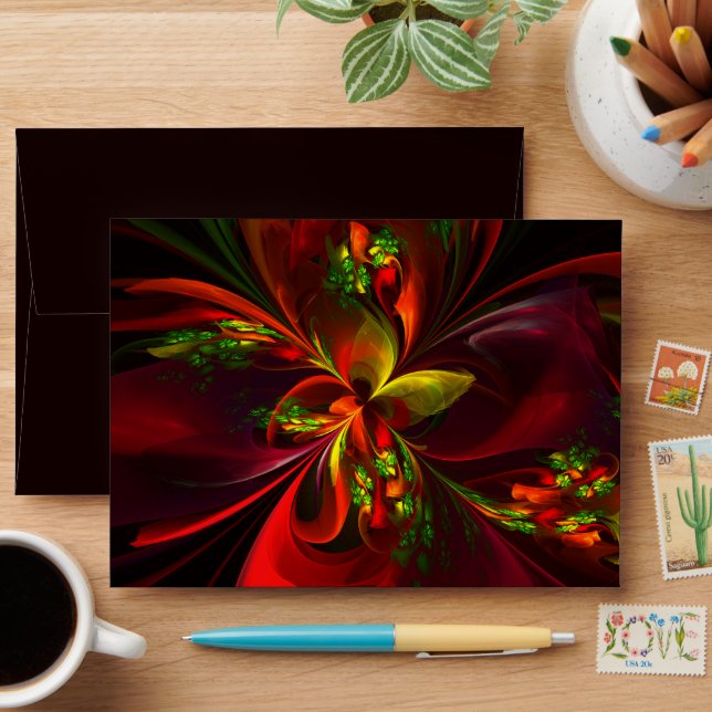 Enveloppe Rouge vert moderne Floral Abstrait Art Motif #05 (Desk)