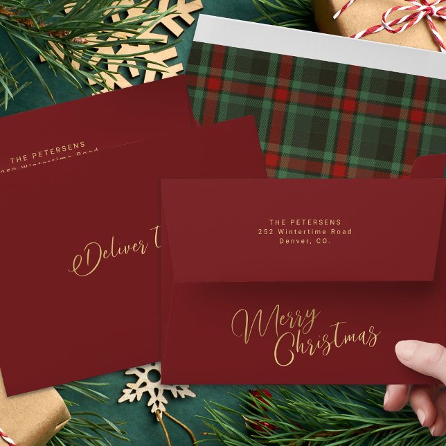 Enveloppe Rouge vert tartan plaid or Joyeux Noël (Créateur téléchargé)