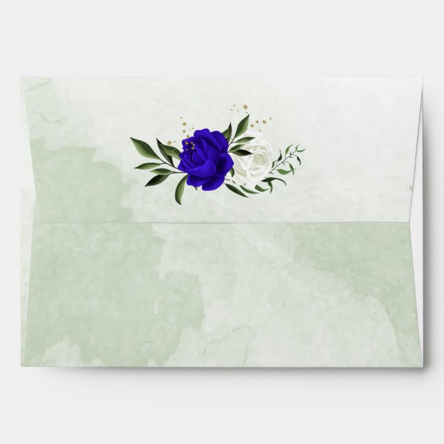 Enveloppe royal bleu & blanc fleurs verdure mariage (Dos (Haut rabat))