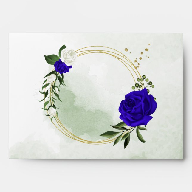 Enveloppe royal bleu & blanc fleurs verdure or couronne (Devant)