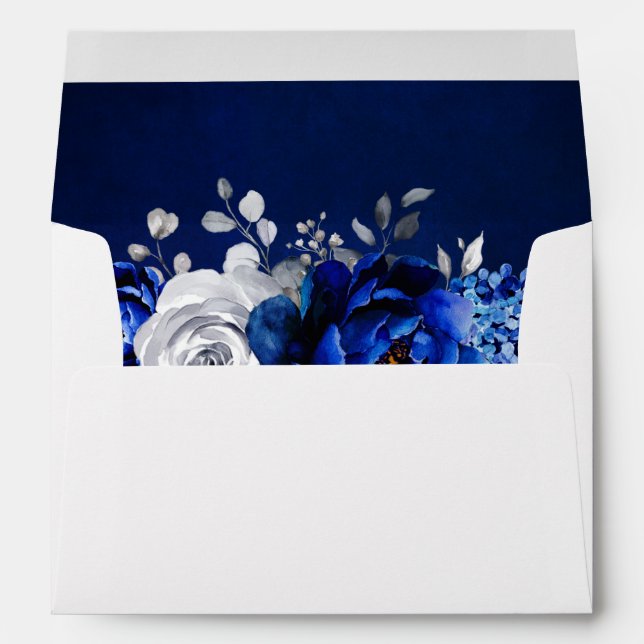 Enveloppe Royal Bleu Blanc Métallique Argent Mariage Floral  (Dos (Bas))
