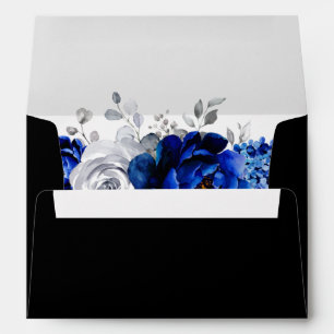 Enveloppe Royal Bleu Blanc Métallique Argent Mariage Floral 