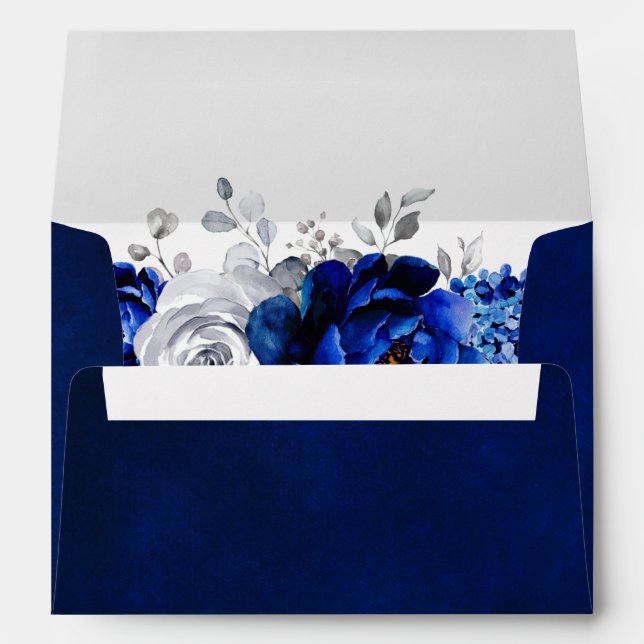 Enveloppe Royal Bleu Blanc Métallurier Argent Mariage Floral (Dos (Bas))