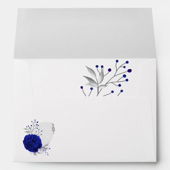 Enveloppe royal bleu fleur argent feuille blanc mariage (Dos (Bas))