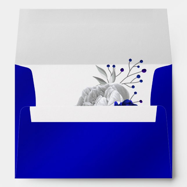 Enveloppe royal bleu fleur argent feuille mariage (Dos (Bas))