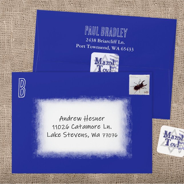 Enveloppe Royal Blue Bar Mitzvah Pré-adressé (Royal Blue Bar Mitzvah Invitation Envelope with Return Address Printed on Back Flap)