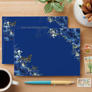 Enveloppe Royal Blue Floral Quinceañera Sweet 16 Papillon