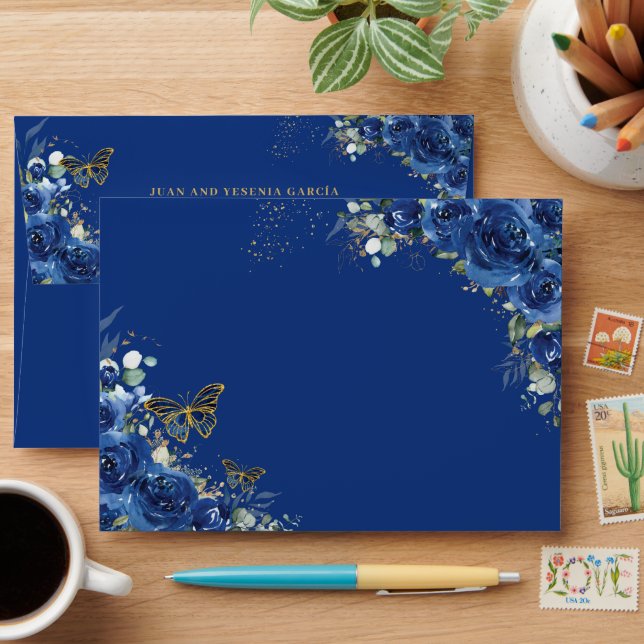 Enveloppe Royal Blue Floral Quinceañera Sweet 16 Papillon (Desk)