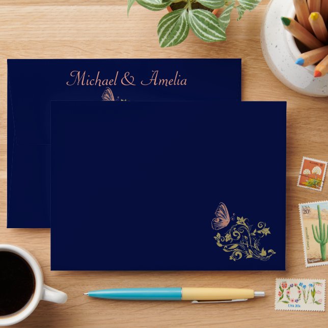 Enveloppe Royal Blue Gold Butterfly Mariage Card (Desk)