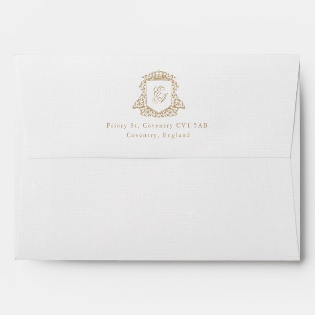 Enveloppe Royal Gold Monogram Crest Adresse de retour Mariag (Dos (Haut rabat))