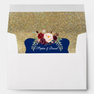 Enveloppe Royal Navy Blue Burgundy Floral Mariage or