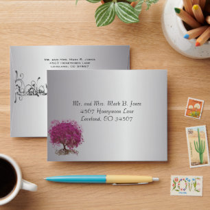 Enveloppe RSVP argent Sangria feuille coeur