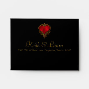Enveloppe RSVP de mariage élégante rouge noir or