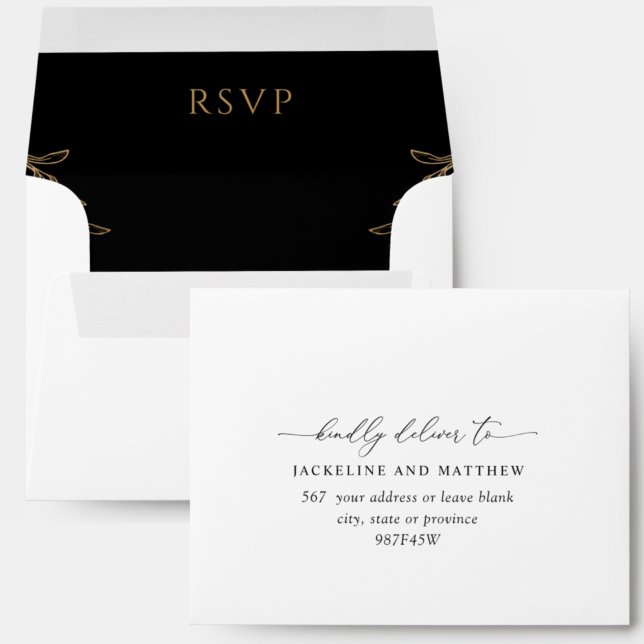 Enveloppe RSVP élégante en blanc, noir et or (Créateur téléchargé)