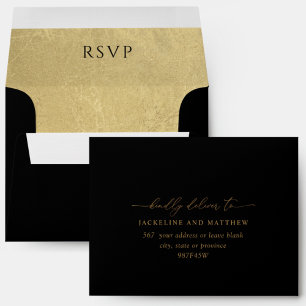 Enveloppe RSVP Élégante, Noir Extérieur, Or Intéri