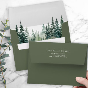 Enveloppe Russe aquarelle mariage vert forêt de pins