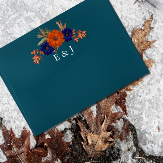 Enveloppe Rustique Automne Orange Navy Bleu Floral Mariage (Créateur téléchargé)